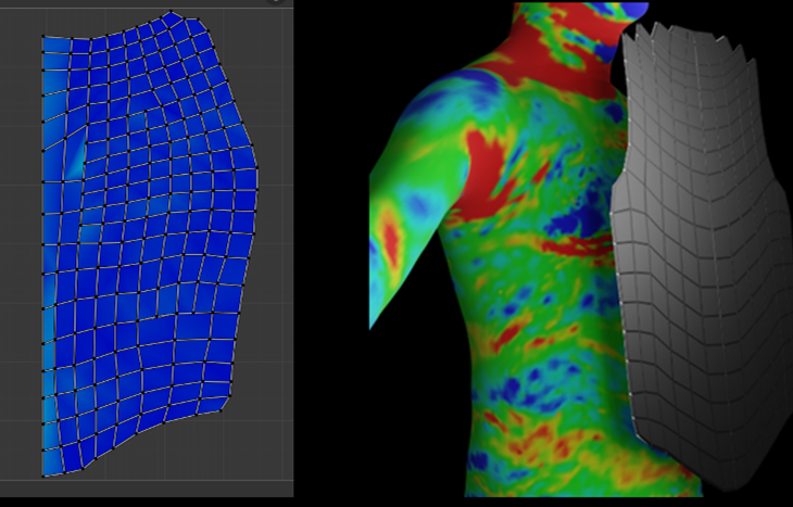The image shows mesh of protective clothing and scanned human body with visualised curvatures