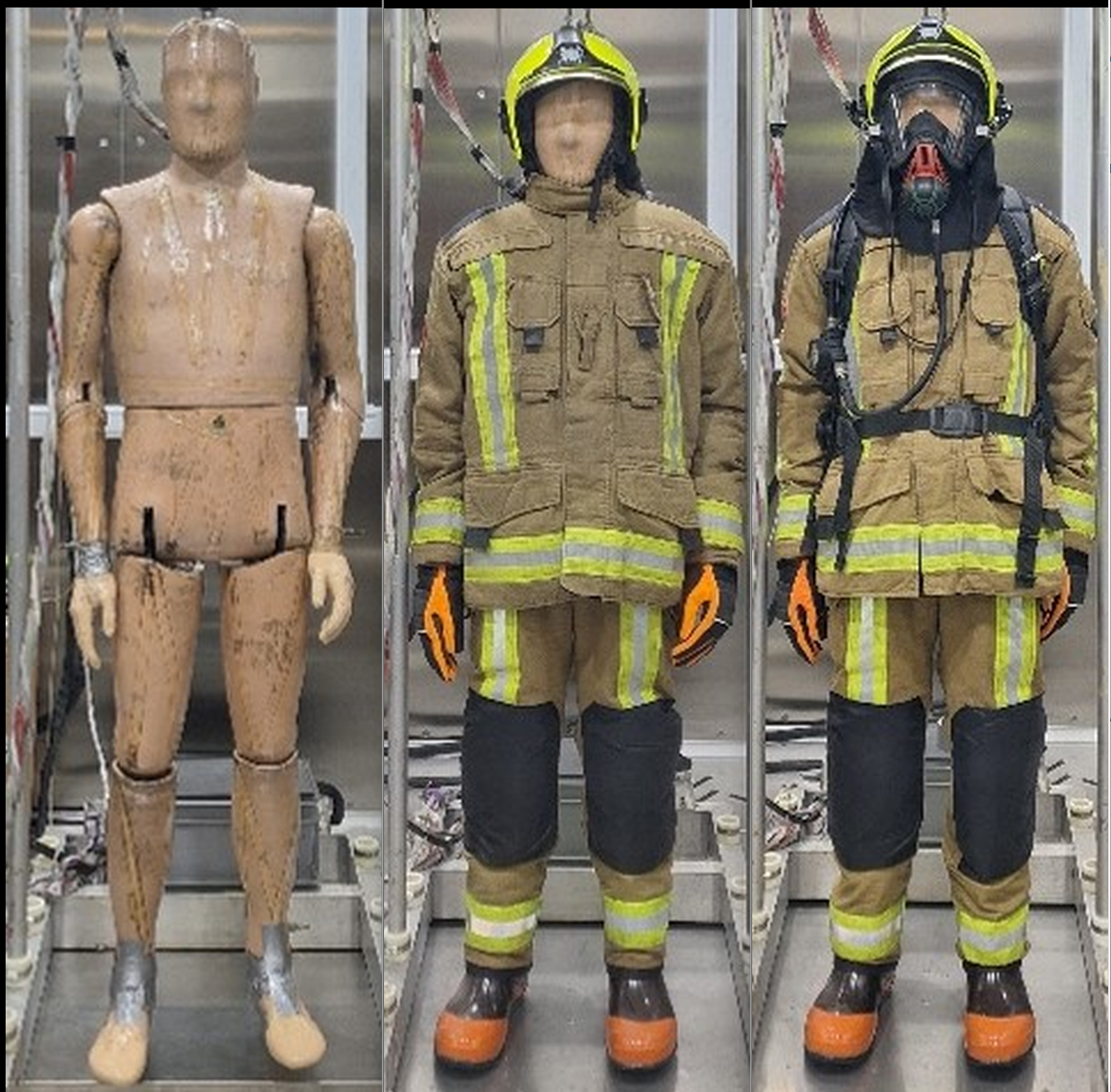 Thermal manikin without clothing, with fireworker clothing and with additional breathing equipment