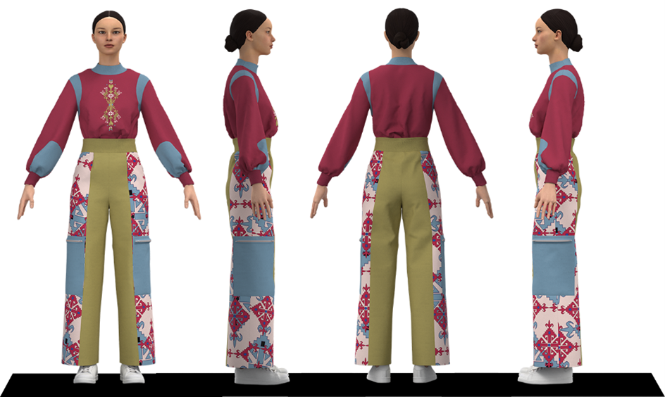 One woomen with designed clothing from front, left , back side and right hand side view