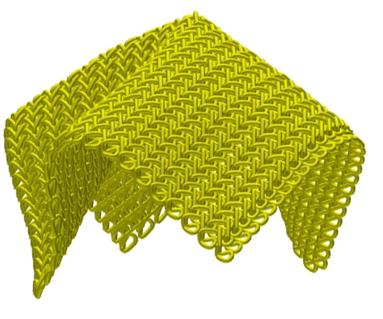 Simulation results of warp knitted structure at yarn level at high curvature of the main surface